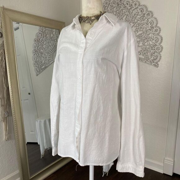 Preppy Boho White Cotton Button Up Long Sleeve Oversized Blouse Top L - Picture 4 of 7